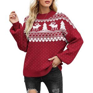 Zeagoo Women's Red-elk Long Sleeve Pullover Ribbed Knitted Pattern Sweater